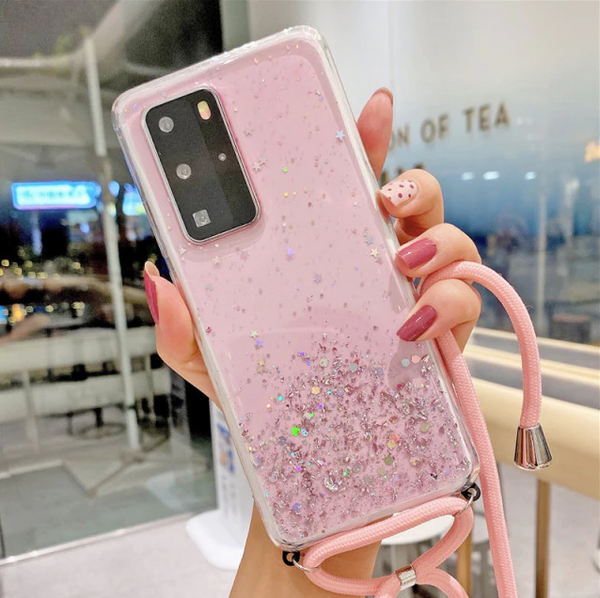 Necklace Transparent Glitzer Phone Case Samsung Galaxy S21 Plus Pink