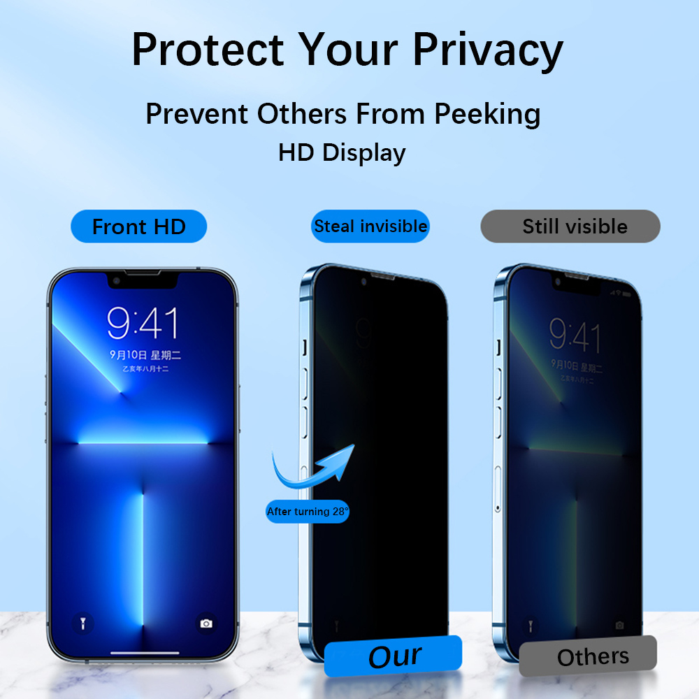 Schutzglas iPhone 14 Pro Max Privacy / Anti-Spy Schützen Sie Ihr iPhone vor neugierigen Blicken mit unserer hochwertigen Privatsphäre-Display-Schutzglas. Dieses Schutzglas bietet eine vollständige Abdeckung Ihres Displays und verhindert, dass andere Personen aus der Seitenperspektive auf Ihren Bildschirm schauen können.